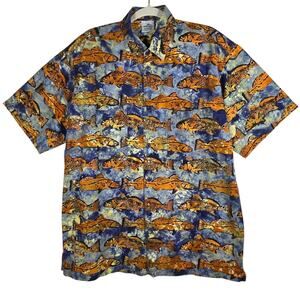 Rum Reggae Shirt Mens Large Fish Print Cotton Batik Lake Fishing Vacation Casual